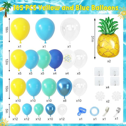Amandir 165Pcs Cartoon Blue and Yellow Balloons Arch Garland Kit, Teal Metallic Blue Yellow Flower Printed Clear Pineapple Balloons for Cartoon Birthday Shower Ocean Sea Party Backdrop Decorations