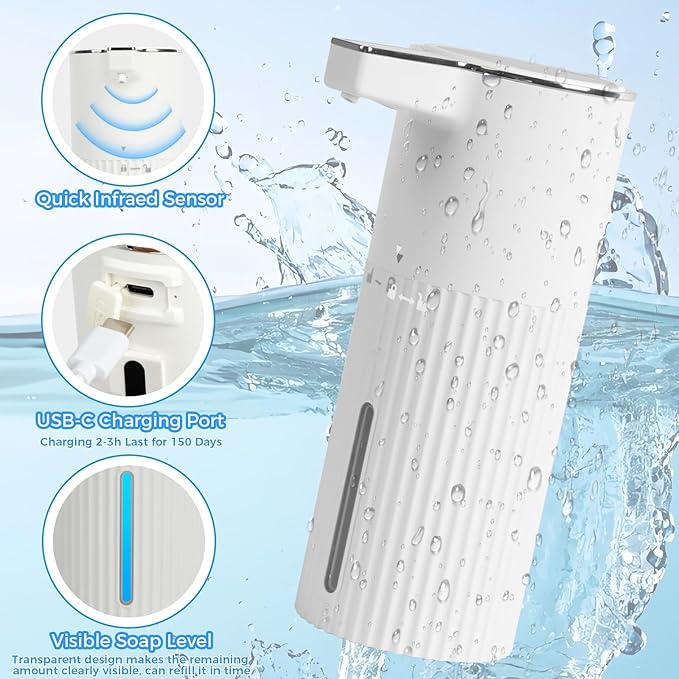Automatic Liquid Soap Dispenser, 13.52oz/400ml Rechargeable Touchless Smart Lotion Soap Dispenser, Hand Dish Soap Dispensers for Bathroom & Kitchen - Wall Mounted, 4 Adjustable Level, IPX5 Waterproof