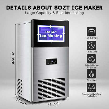 130LBS/24H Commercial Ice Maker Machine with 35LBS Capacity - Stainless Steel Undercounter/Freestanding Ice Cube Maker for Home Bar & Outdoor Use - Automatic Operation