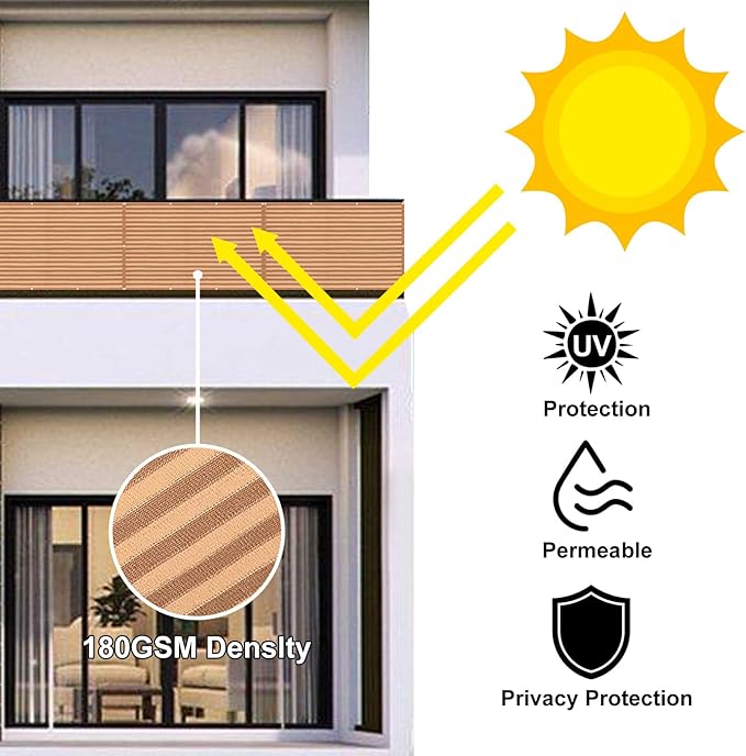 Eden's Decor Balcony Privacy Screen Brown/Khaki 2'6"x 27' Cover Mesh Windscreen Weather-Resistant UV Protection for Backyard Deck, Patio, Balcony, Pool, Porch, Fence, Railing, Gardening