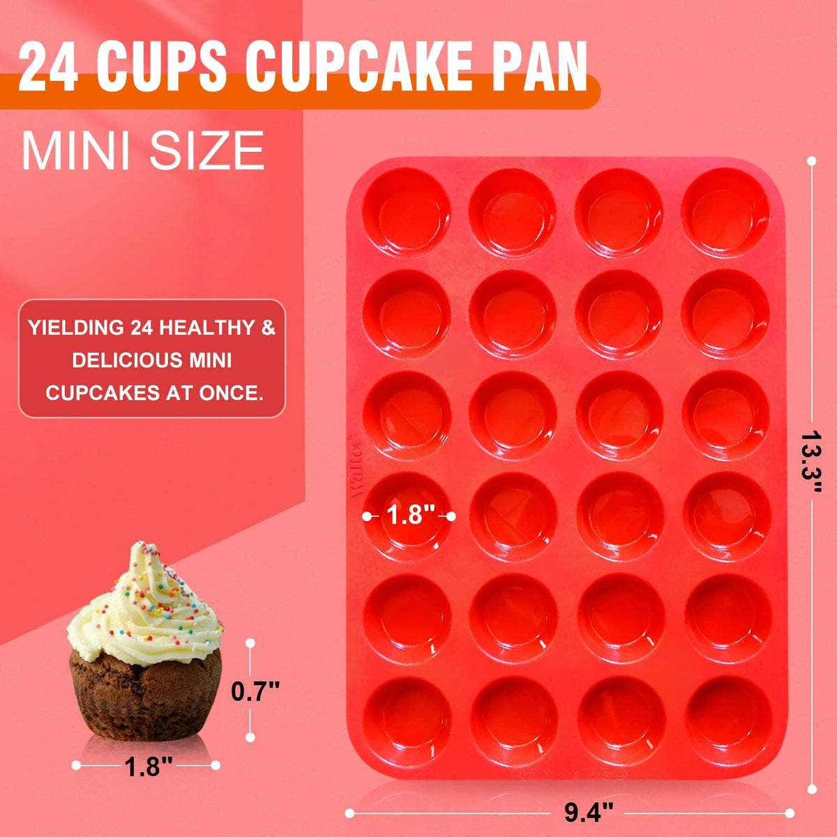 Walfos Mini Silicone Muffin Pan - 24 Cups, BPA Free and Dishwasher Safe, Non-stick Silicone Cupcake Baking Pan, Great for Making Muffin Cakes, Tart