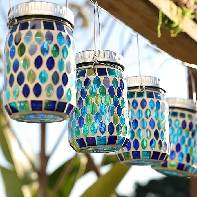Cooo Mosaic Lanterns Outdoor Waterproof with 215% Larger Solar Panel, Never Rust Lids, True Capacity Battery- Solar Mason Mosaics Jar Lantern for Patio Garden Yard Balcony Hanging or Table (6)