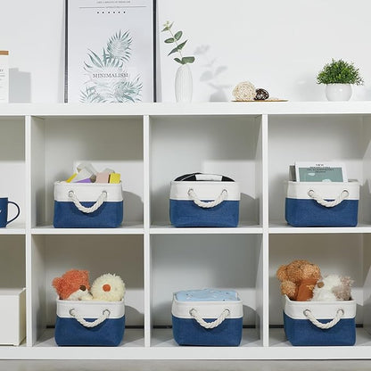 Bidtakay Small Canvas storage baskets with Handles [6 Pack] Navy Blue Fabric Storage Bins 11.8 x 7.8 x 5 inches Decorative storage baskets for Shelves, Closet, Nursery (White&Blue)