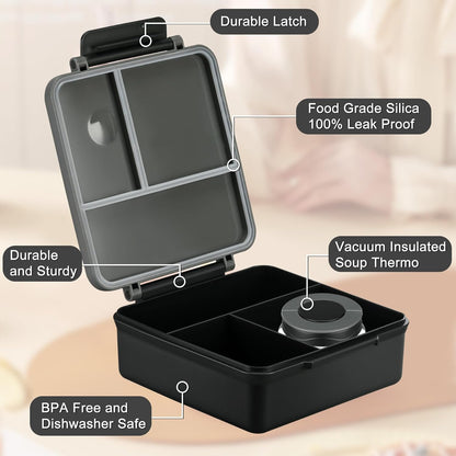 Bento Lunch Box for Kids with 8oz Soup Thermo&Lunch Bag, Leak-Proof Lunch Food Containers with 4 Compartment