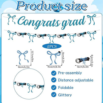 Blue Graduation Decorations 2026-2PCS Blue Bow Congrats Grad Banners Party Decor, Bowknot Graduation Party Supplies for Primary Middle High School University College (No-DIY)