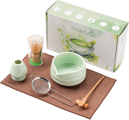 7 Pcs Matcha Set - Ceramic Bowl, Bamboo Whisk with Holder, Sifter, Schima Spoon, Spoon Rest and Tea Towel