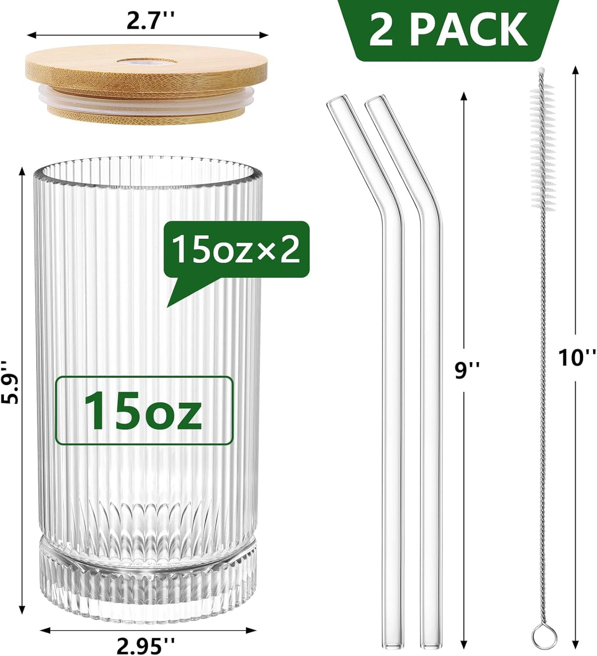 15 Oz Glass Cups with Lid and Straw, Iced Coffee Cups with Lid, Vintage Glassware for Whiskey Cocktail Beer (2 PACK)