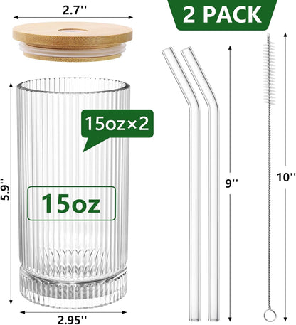 15 Oz Glass Cups with Lid and Straw, Iced Coffee Cups with Lid, Vintage Glassware for Whiskey Cocktail Beer (2 PACK)