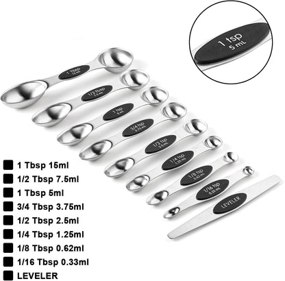 Measuring Cups and Spoons Set Including 8 Stainless Steel Magnetic Measuring Cups 8 Double Sided Magnetic Measuring Spoons with 1 Leveler for Dry and