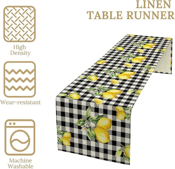 Fresh Lemon Table Runner, Yellow Lemon Black White Buffalo Check Plaid Table Runner for Farmhouse Coffee Home Kitchen Dining 13x90in