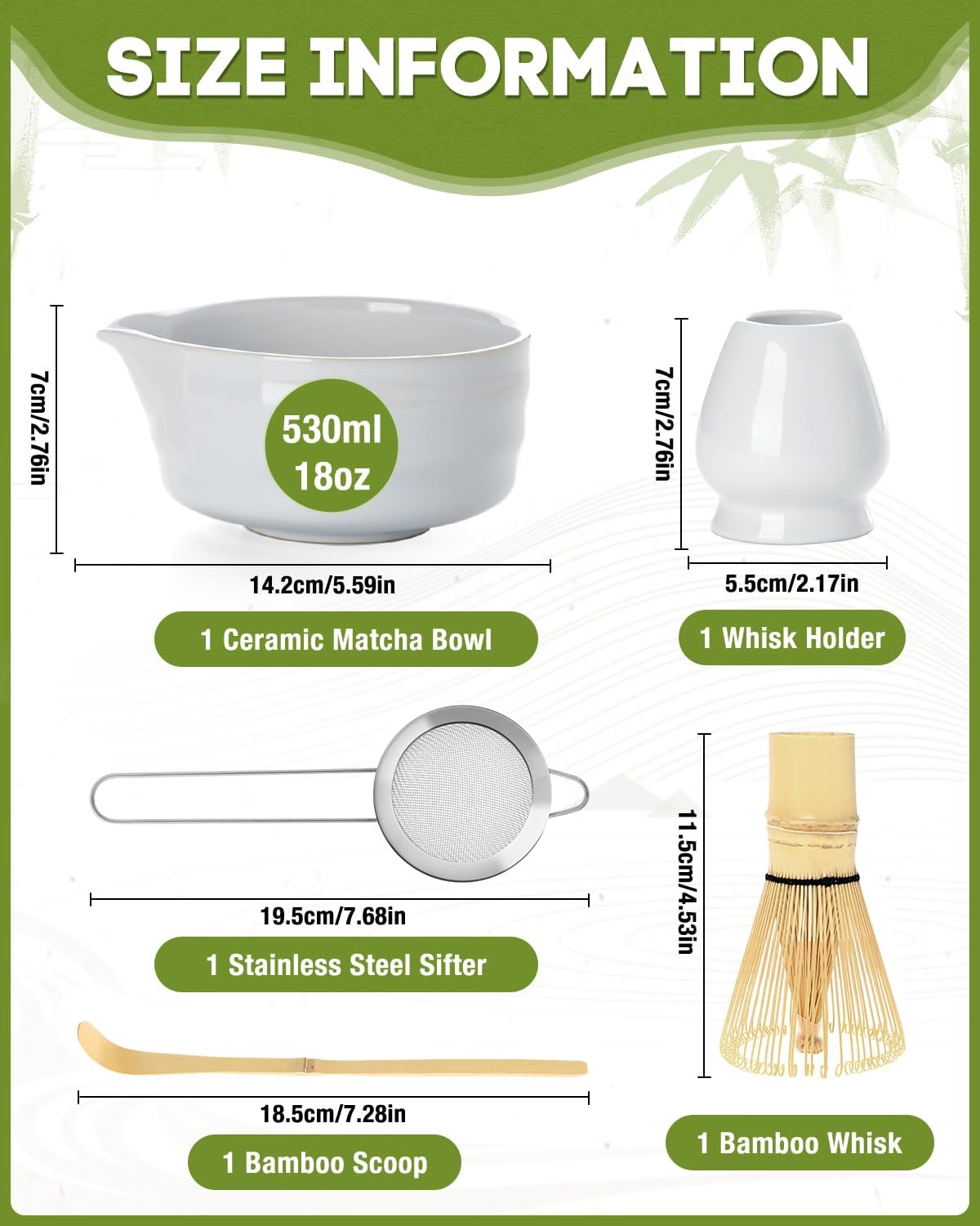 White Matcha Whisk Set - 5PCS Matcha Set Includes 18OZ Chawan with Spout