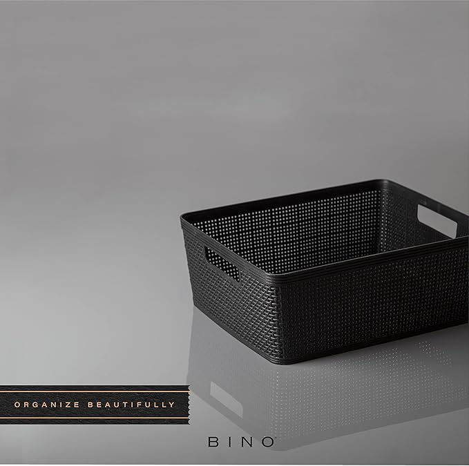 BINO | Woven Plastic Basket | Medium (Black), 4-Pack | THE JUTE COLLECTION | Home Organization, Space - Saving Storage, Stylish Design | Jute Basket | Plastic Storage Basket