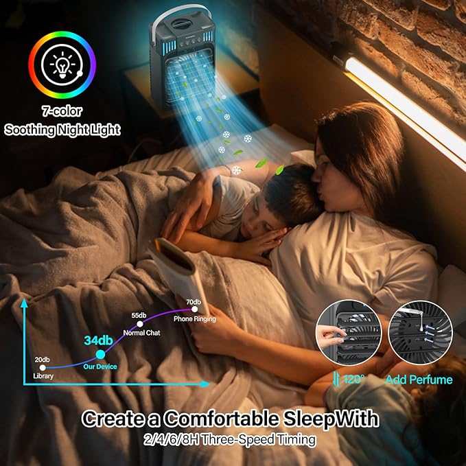 Portable Air Conditioner Cooling Fan with Remote, Quiet with 3 Speeds, 1200ml Personal Air Cooler Fan with 3 Mist, 7 Night Light, 8H Timer, Small Air Conditioner for Bedroom Office