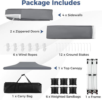 Tangkula 10x20 Ft Pop Up Canopy, UPF 50+ Portable Outdoor Canopy Tent with with 6 Removable Sidewalls, 6 Sandbags, 2 Zippered Door, Windows, Carrying Bag for Party, Wedding, Backyard