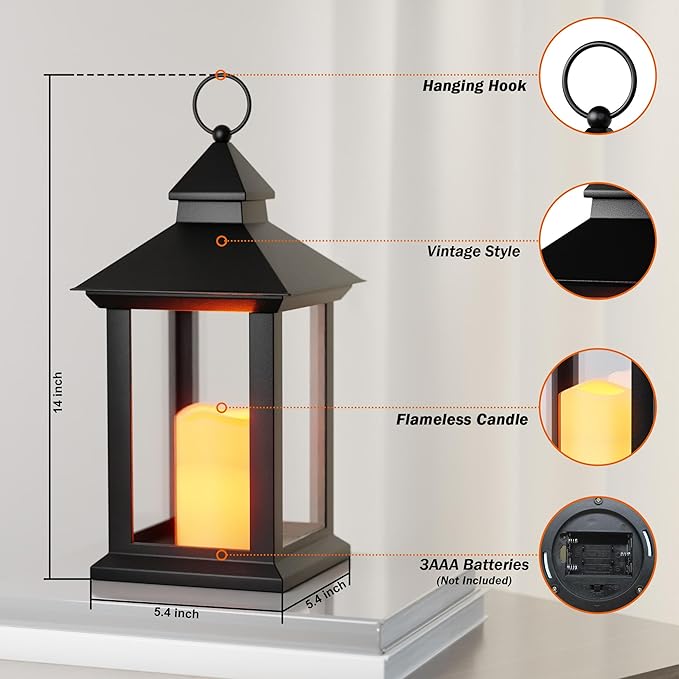 Lanterns Decorative Indoor, 2 Pack Black Decorative Flameless Candle Lanterns with Timer, Vintage 14" Waterproof Hanging Outdoor Lanterns, Battery Operated for Porch, Patio, Wedding Decor