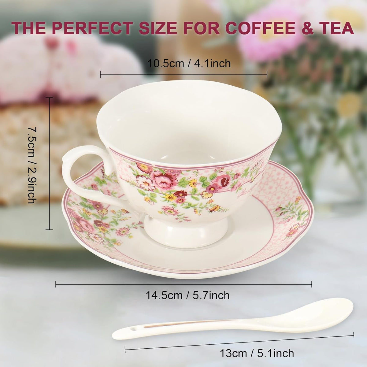 Cup and Saucer Sets of 2 with Spoon, 8oz Large Tea/Coffee Cups and Saucers New Bone China Floral Vintage Cup & Saucer Sets Porcelain Tea Latte Mugs