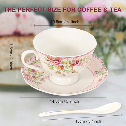 Cup and Saucer Sets of 2 with Spoon, 8oz Large Tea/Coffee Cups and Saucers New Bone China Floral Vintage Cup & Saucer Sets Porcelain Tea Latte Mugs