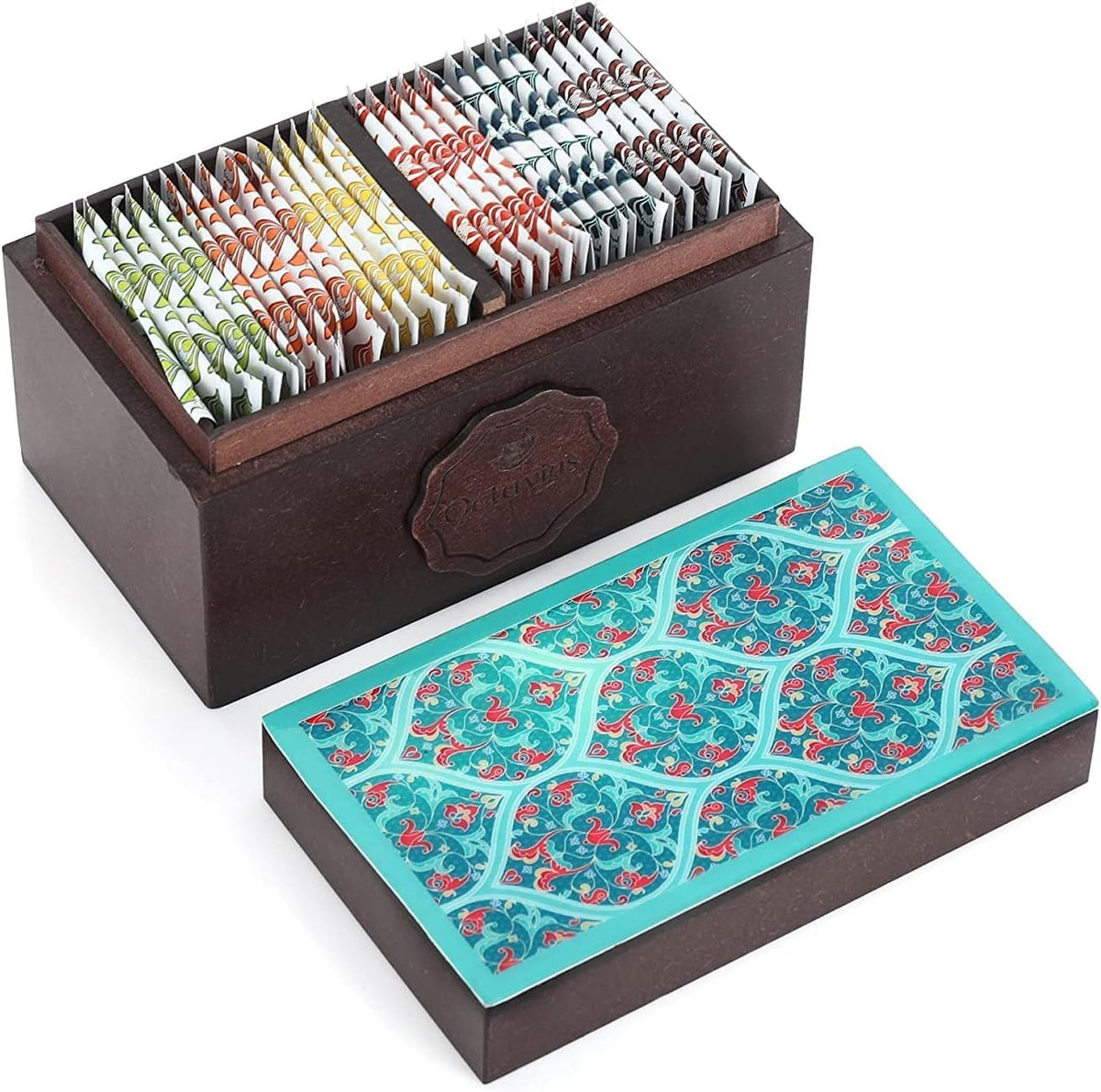Octavius Assorted Tea Gift Set, 6 Assorted Black & Green Teas, 30 Teabags, Wooden Tea Sampler Pack w/Ornate Floral Design, Pack of 2