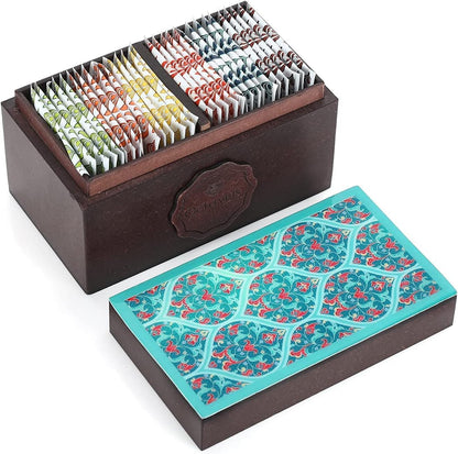 Octavius Assorted Tea Gift Set, 6 Assorted Black & Green Teas, 30 Teabags, Wooden Tea Sampler Pack w/Ornate Floral Design, Pack of 2