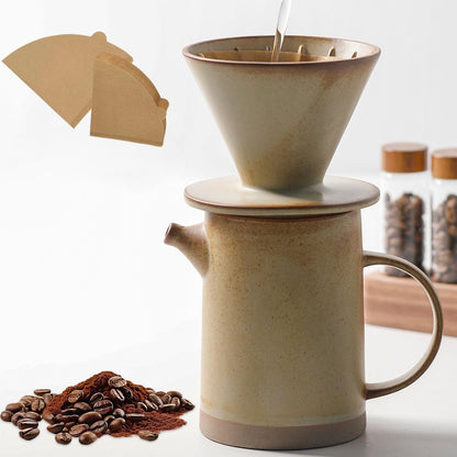 Pour Over Coffee Maker Set Vintage Ceramic Pour Over V60 Coffee Dripper Set with 20 Count Paper Coffee Filters,for Home Café Restaurant Camping,15.8 Ounces(Yellow)