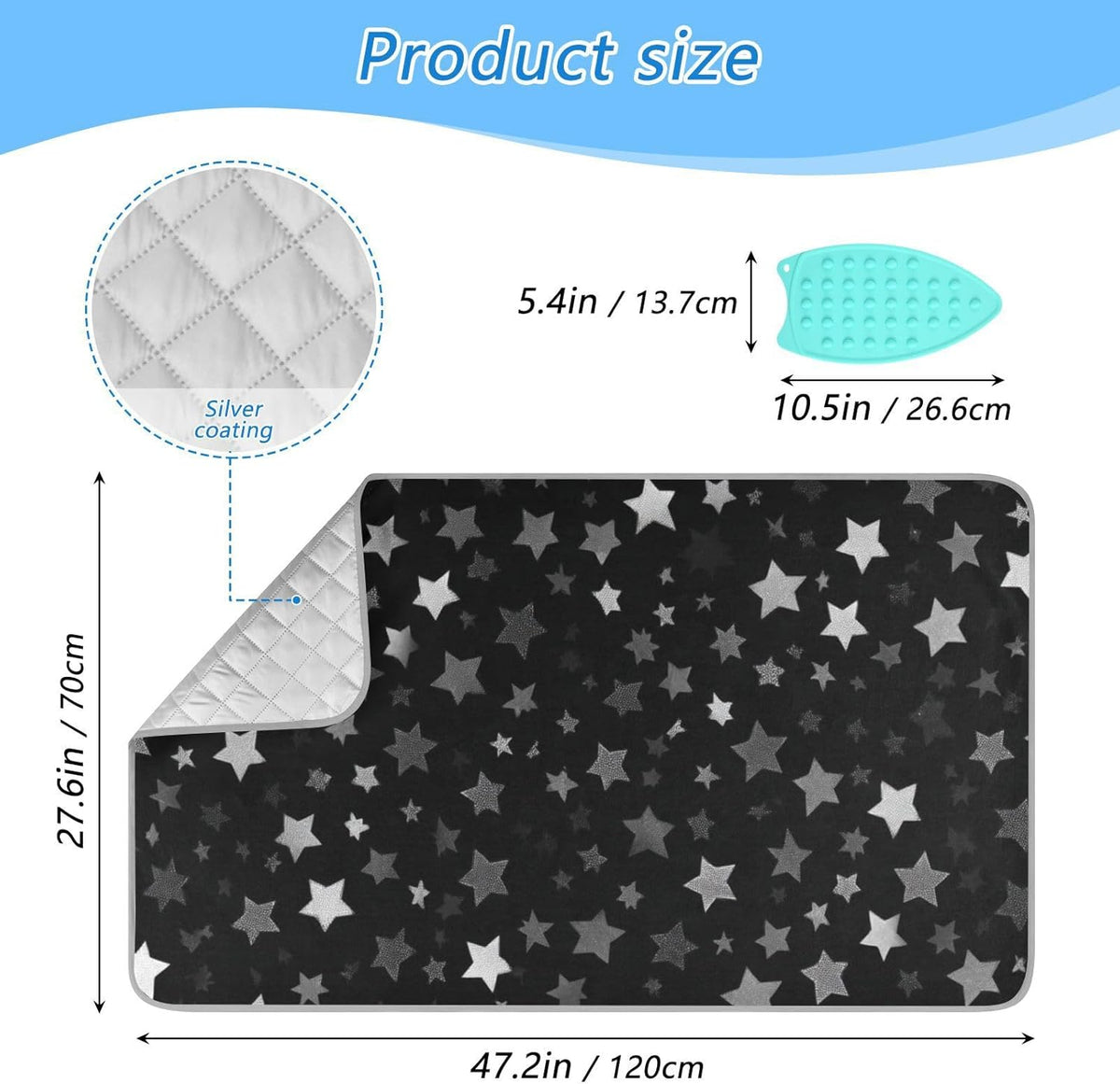 Ironing Mat Portable Ironing Pad Ironing Blanket for Table Top Heat Resistance Double-Side Using Travel Large 47.2 x 27.6 Inch Foldable Lightweight Cute Silver and Gray Stars