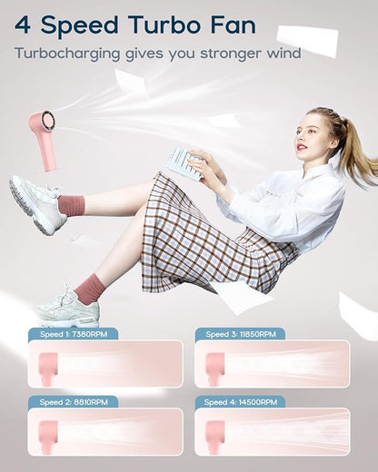 EasyAcc® AI Turbo Fan 3000mAh Upgraded Max 14500RPM Strong Airflow 12H Cooling Time Rechargeable Personal Battery Operated Mini Small Pocket Hand Fan with 4 Speeds for Travel/Outdoor/Office - Pink