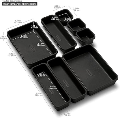 Madesmart 8-Piece Interlocking Bin Pack for Drawer Organization, Plastic Interlocking Junk Drawer Organizer Tray, Granite