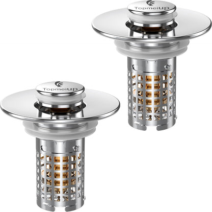 Sink Stopper Hair Catcher, Pop-up Sink Drain Strainer with Removable Stainless Steel Strainer Basket Hair Catcher, Bathroom Sink Strainer for Bathroom Sink Stopper Replacement (New-2PCS)