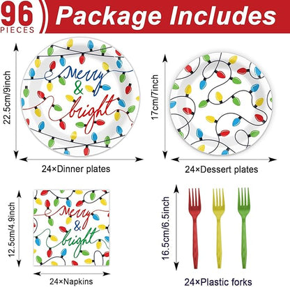 ZOIIWA 96PCS Merry Christmas Party Tableware Set Christmas Lights Party Supplies Merry and Bright Disposable Dinnerware Plates Napkins Forks with Holiday String Lights for Xmas Birthday Favors
