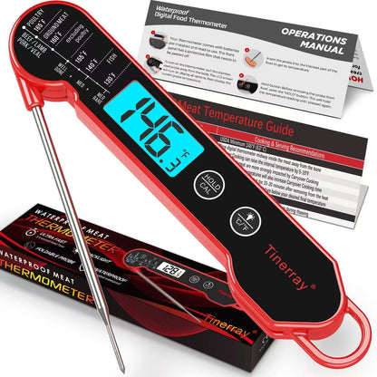 Digital Meat Thermometer for Cooking – Waterproof Instant Read Food Thermometer with Backlight & Calibration, Fast Read, Folding Probe for BBQ, Grill, Candy, Deep Fry, Kitchen, Liquids, Beef（Red）
