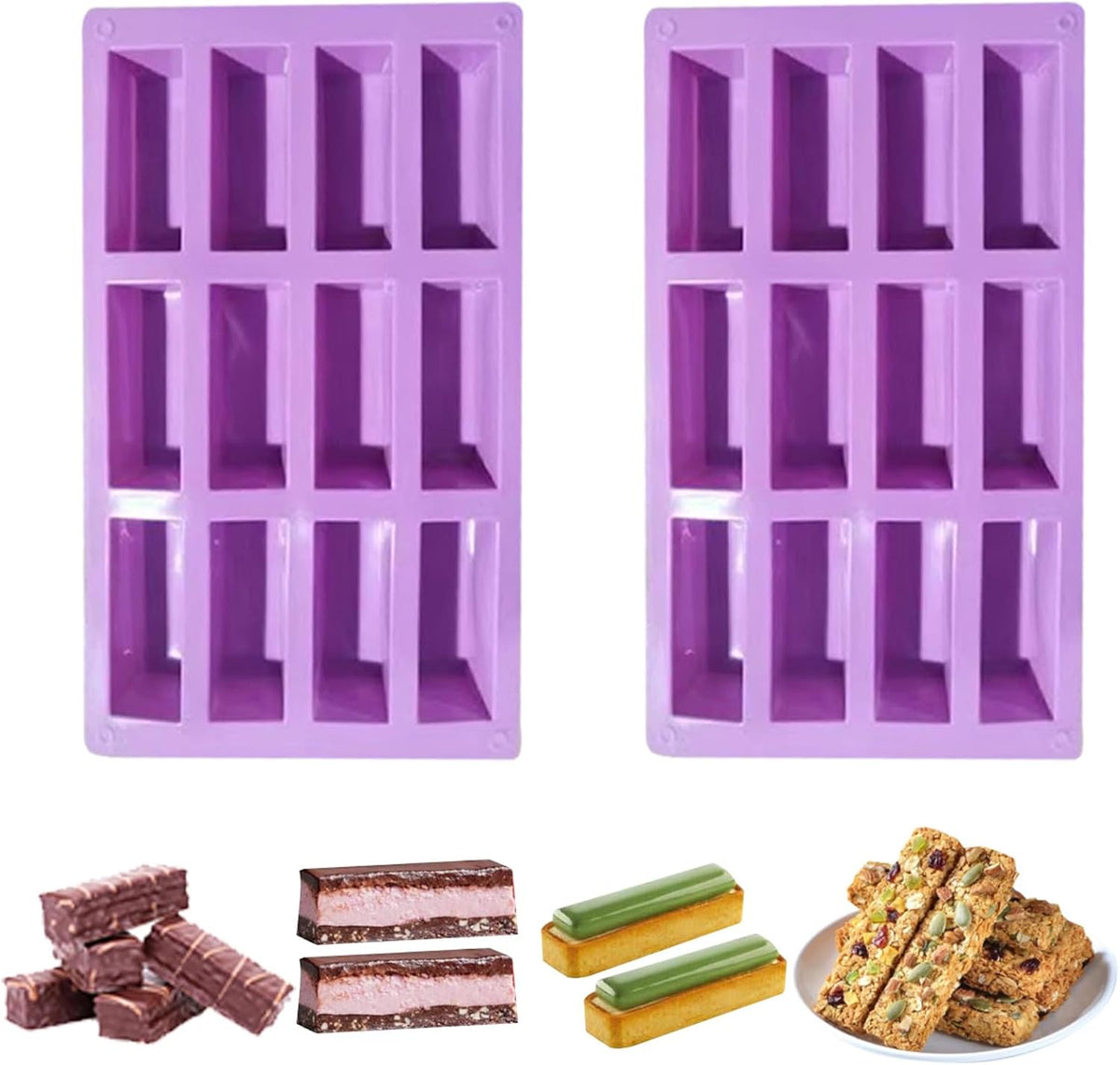 2Pcs oat bar mold - 12rectangle silicone molds - Chocolate silicone mold for baking candies/energy bars, cheesecake, dried fruit cereal cookies (2, purple)