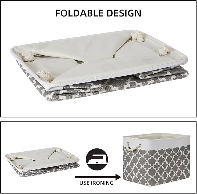 Bidtakay Large Fabric Storage Basket Set of 2 Collapsible Rectangle Basket for Shelves 16" X 11.8" X 11.8" Decorative Organizer Bins for Clothes Toys(White&Quatrefoil Grey)
