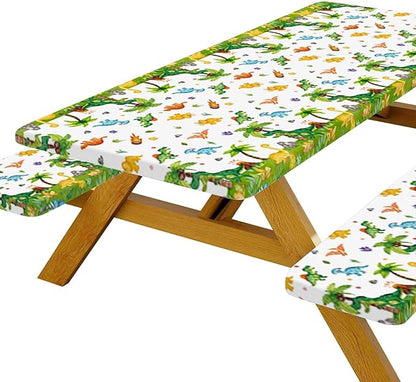 Dinosaur Picnic Table Covers with Bench Covers, Jungle Dino Print Tablecloth, Outdoor Table Cover Set, Patio Camping Picnic Table Protector, 72x30 Inch