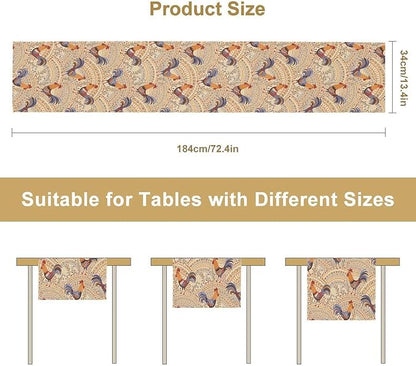 Cute Roosters Table Runner, Boho Rustic Cock Chicken Vintage Arch Floral Plants Print Table Cover for Holiday Kitchen Dining Table Indoor Outdoor Home Party Decor, 13x60inch