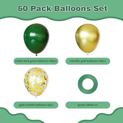 Green and Gold Balloons,60Pcs Dark Green Balloons,12in Gold and Green Latex Balloon for Birthday Graduation St. Patrick's Day Jungle Party Decorations