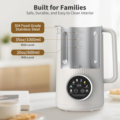 35oz Nut Milk Maker Machine: 8-in-1 Soy Milk Maker with Auto Clean & 20-Blade - Multi-Function Nut Milk Machine with Self-Cleaning, Auto Shutoff, for Vegan Drink (White)