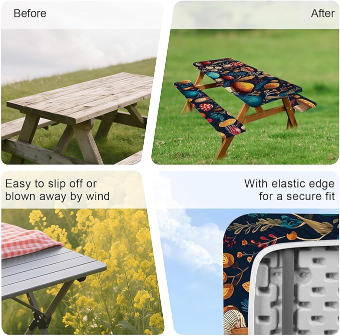 ANNA QUEEN 6FT Mushrooms Picnic Table Cover with Bench Covers Picnic Table Cover Set 3PCS 72"x30", Outdoor Bench and Tablecloth Furniture Protection