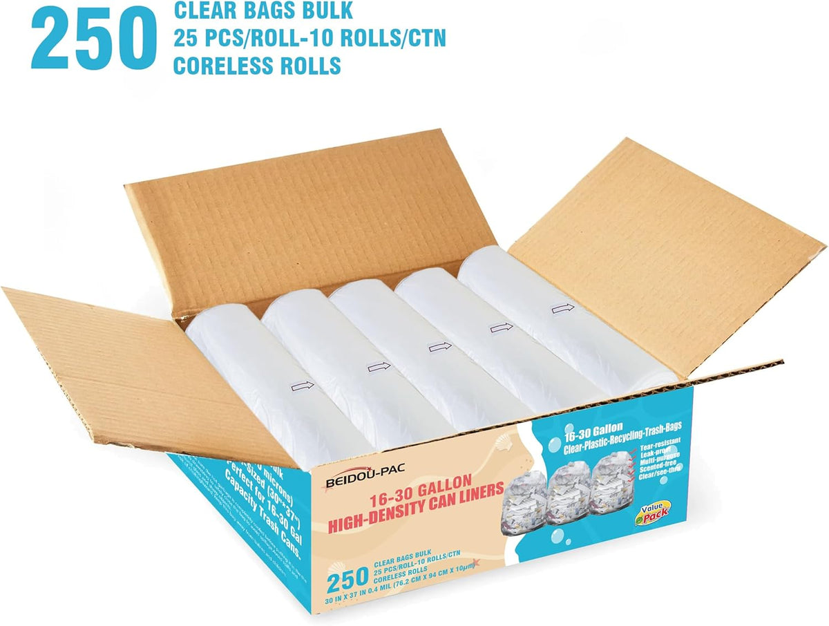 16-18-20-30 Gallon Trash Bags, 250 Count Bulk, Clear Plastic Recycling Bags, Multi-purpose Garbage Bags Can Liners for Business Home Kitchen Commercial and Industrial