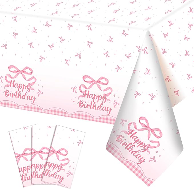 NatNarr 3 Pack Coquette Pink Bow Plastic Tablecloth, 54 X 108Inch Disposable Happy Birthday Table Cloth for Rectangle Tables Waterproof Table Cover for Girls Bridal Wedding Birthday Party