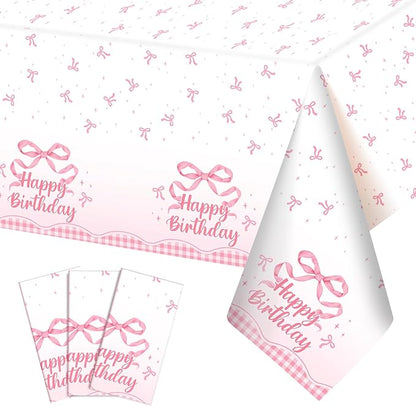 NatNarr 3 Pack Coquette Pink Bow Plastic Tablecloth, 54 X 108Inch Disposable Happy Birthday Table Cloth for Rectangle Tables Waterproof Table Cover for Girls Bridal Wedding Birthday Party