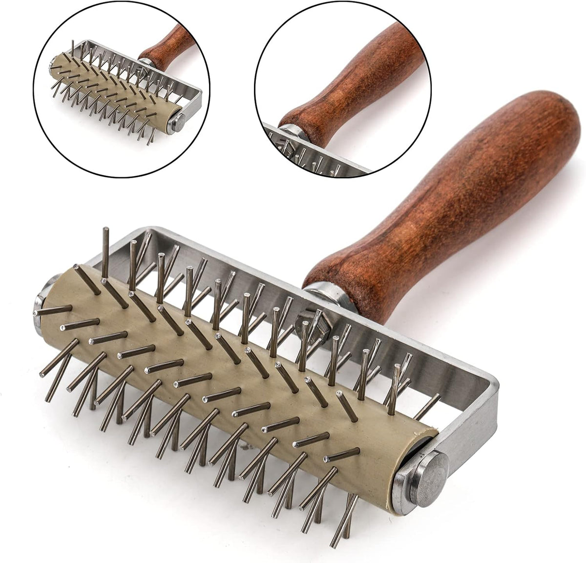 Hiceeden Set of 2 Pizza Dough Roller & Dough Docker, Stainless Steel Dough Hole Maker Puncher Wooden Rolling Pin for Pizza, Cookie, Pie, Pastry