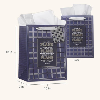 Christian Art Gifts Large Portrait Inspirational Scripture Gift Bag, Tag & Wrapping Tissue Paper Set for Grads: I Know the Plans Bible Verse, Sturdy Satin Ribbon Handles, Checkered Dark Blue & Gold