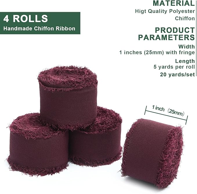 4 Rolls Burgundy Handmade Fringe Chiffon Silk Ribbon 1" W x 5Yd Per Roll,Frayed Edges Ribbon Set for Gifts Wrapping,Wedding Invitations,Bouquets,DIY Crafts (1" x20Yd, Burgundy)