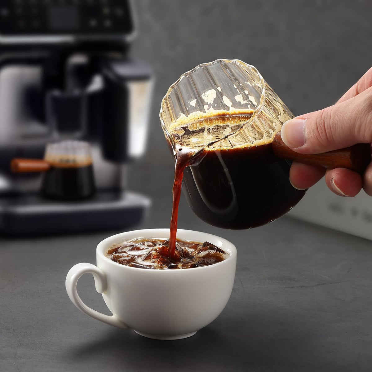 Espresso Cups 6 OZ, V-Shaped Spouts Cups, Espresso Shot Glasses with Wood Handle, Ribbed Milk Measuring Cup