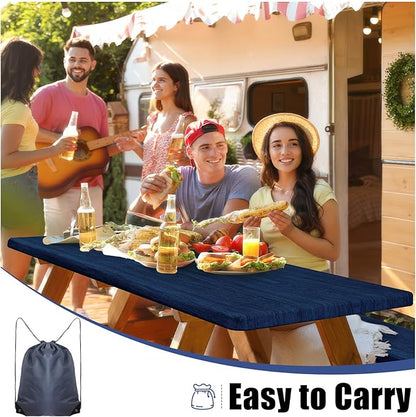 Smiry Picnic Table Cover with Bench Covers, Waterproof Elastic Fitted Tablecloth for 5 Foot Tables, Washable Polyester Tablecloths for Camping, Indoor & Outdoor (Navy & Black, 30x60 Inch 3-pc Set)
