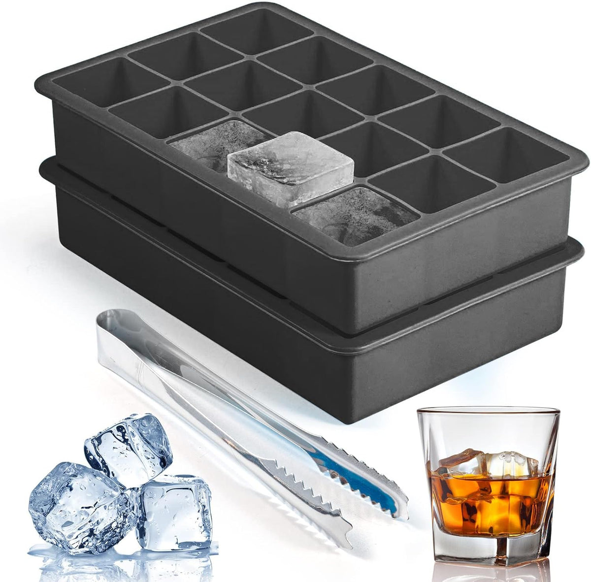 Silicone Ice Cube Trays for Freezer 2 Pack, Easy Release Square Ice Cubes Mold, Best Rubber Ice Cube Tray for Whiskey Cocktail Coffee, Mini Fridge Old Fashioned Silicone Ice Tray