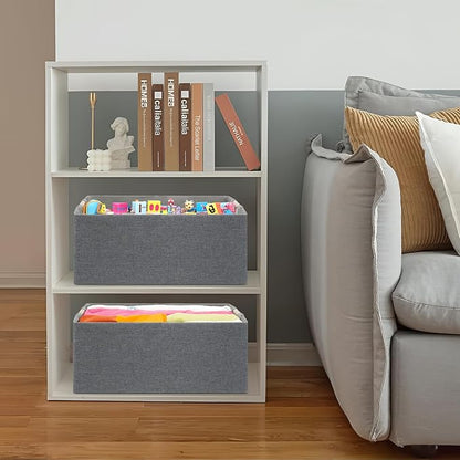 Foldable Fabric Storage Cubes, 2 Packs Cloth Storage Baskets with Wooden Handles, Collapsible Shelf Closet Organizer Bins, Rectangular Storage Boxes for Decor (Gray 2 Pack)