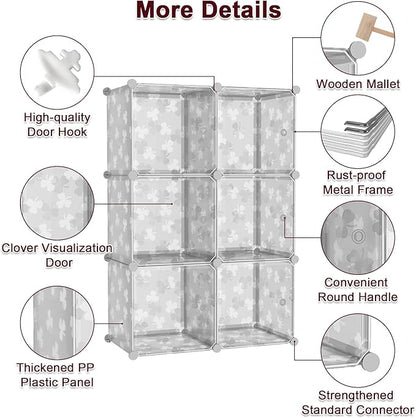 C&AHOME Cube Storage Organizer with Doors, 6-Cube Shelves, DIY Plastic Modular Bookshelf, Closet Clothes Storage Shelving Ideal for Bedroom, Living Room, Clover Embossed, Transparent