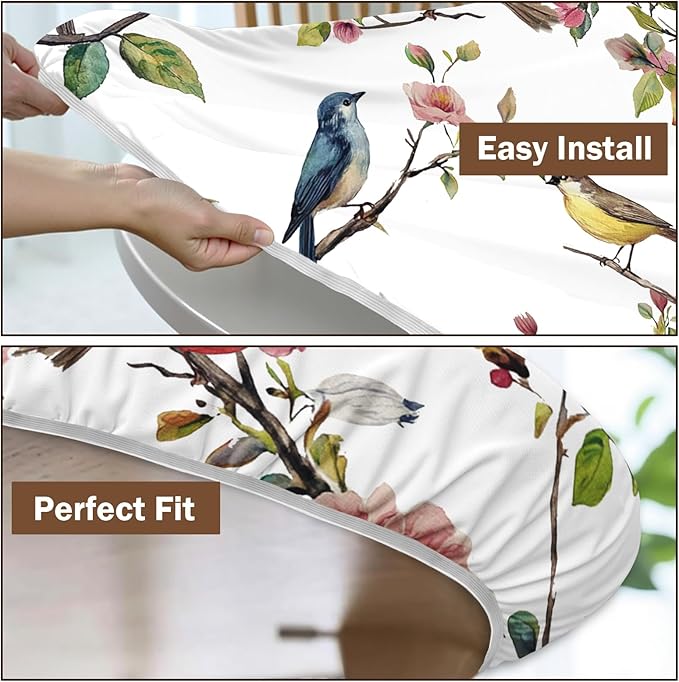 Spring Summer Round Fitted Tablecloth with Elastic Edge Bird Floral Easter Circle Table Cloth for 48-52" Round Tables Wipeable Waterproof Hummingbird Flower Table Cover for Outdoor Picnic Dining Decor