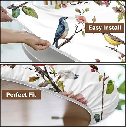 Spring Summer Round Fitted Tablecloth with Elastic Edge Bird Floral Easter Circle Table Cloth for 48-52" Round Tables Wipeable Waterproof Hummingbird Flower Table Cover for Outdoor Picnic Dining Decor